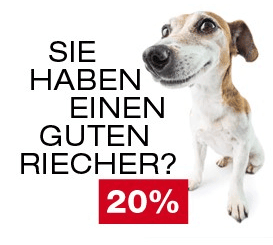 सफेद पृष्ठभूमि पर एक जिज्ञासु कुत्ते का सामने से दृश्य, साथ में विज्ञापन संदेश "आपकी सूंघने की शक्ति अच्छी है" और एक लाल "20 प्रतिशत" संकेतक।