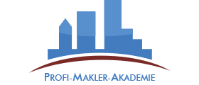 Logo der Profi-Makler-Akademie mit stilisierter blau-grauer Skyline frontalansicht und rotem Bogen