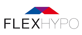 FLEXHYPO Logo mit stilisiertem Dach in Blau und Rot über dem Schriftzug FLEXHYPO