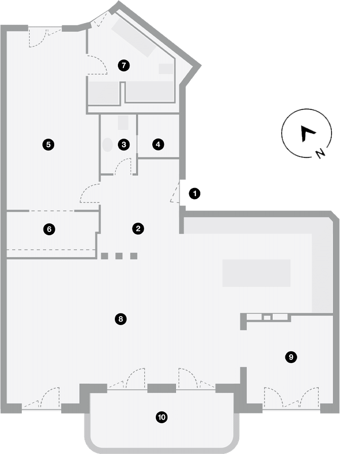 Grundriss Erdgeschoss Einfamilienhaus Draufsicht mit offener Wohnküche Flur Terrasse und Nordpfeil