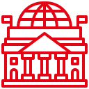 Rotes Logo eines stilisierten Gebäudes mit Kuppel und Säulenfront