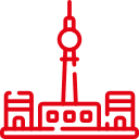 Logo für Flexmakler Berlinregion mit rotem Fernsehturm und Städtesilhouette