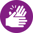 Logo mit lila Kreis und zwei weißen klatschenden Händen