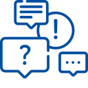 ग्राहक पूछताछ के प्रतीक के रूप में चार नीले स्पीच बबल और प्रश्न चिह्नों वाला सपोर्ट आइकन।