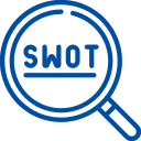 Синий логотип в форме увеличительного стекла с надписью SWOT