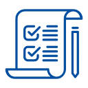 Blaues Icon eines Checklisten-Dokuments mit Häkchen und Stift