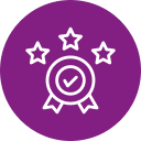 奖章标志，中间有一个"√"，紫色背景上有三颗星