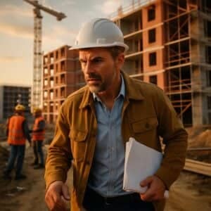 Baustelle mit mehrgeschossigem Rohbau aus Klinker und Baukran im Hintergrund