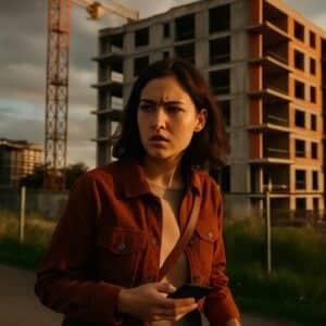 Mehrfamilienhausrohbau mit Betonstruktur und Baukran aus Frontperspektive