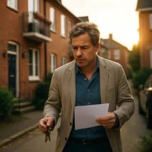 Reihenhaus mit roter Klinkerfassade schräg frontal aufgenommen mit kleinem Balkon und Vorgarten