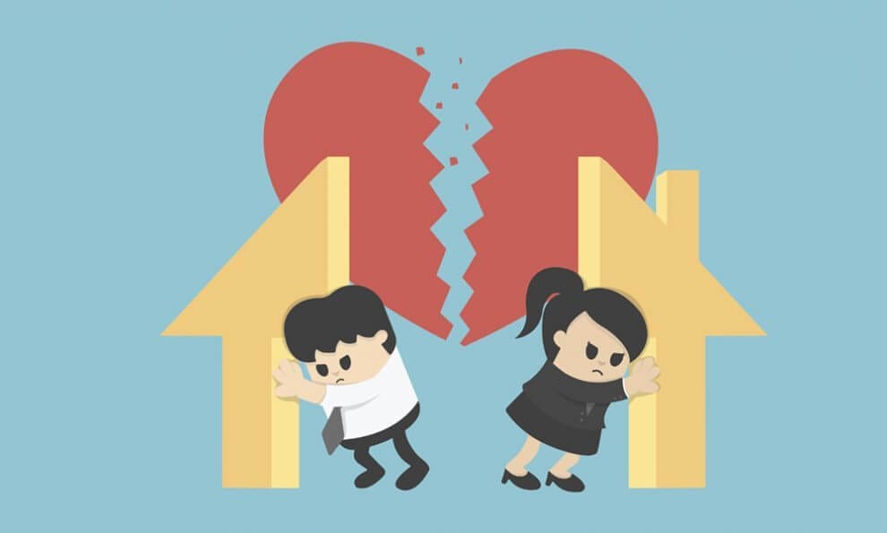 Illustration of two stylised houses in front view in front of a broken heart