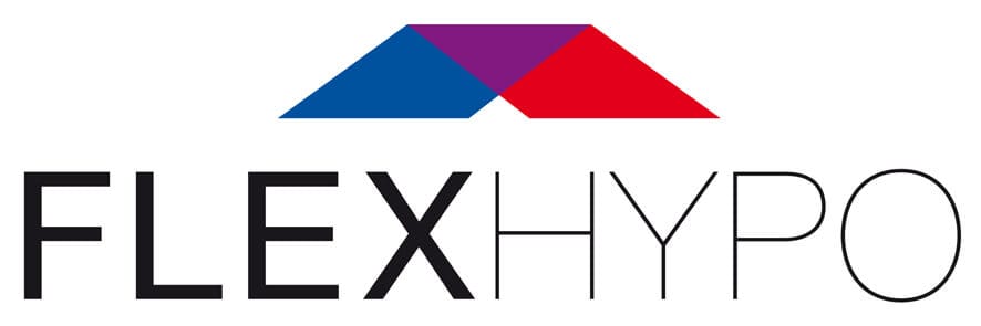 Flexhypo-logo met gestileerd tweekleurig daksymbool in blauw en rood boven zwarte letters