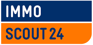 Beyaz harflerle mavi ve turuncu IMMO SCOUT24 logosu