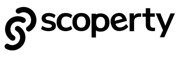 iç içe geçmiş siyah sembol ve harflerle scoperty şirket logosu