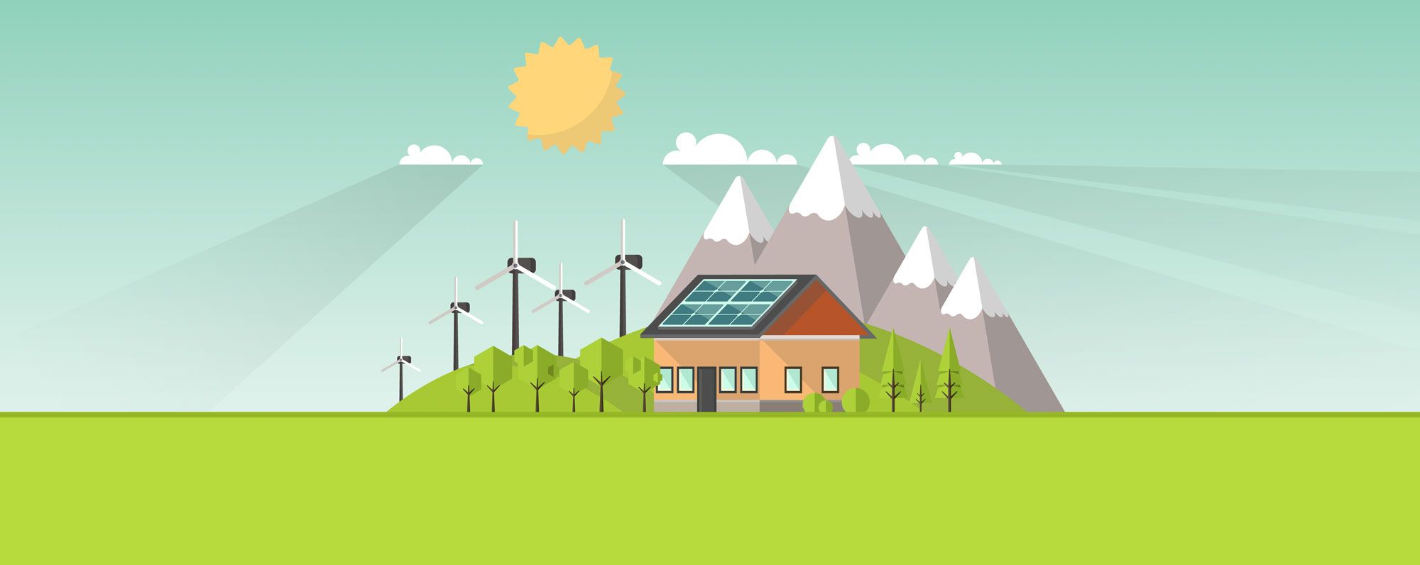 Frontalansicht eines Einfamilienhauses mit Solardach umgeben von Bäumen und Windrädern vor Bergkulisse