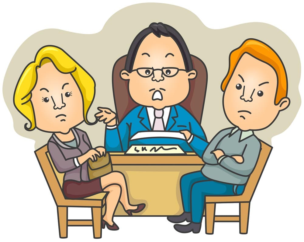 Bürofläche mit Schreibtisch und drei Stühlen in Comicstil aus seitlicher Perspektive