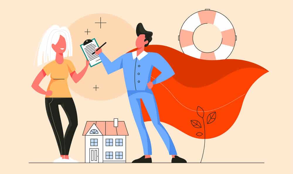 Vista frontal de uma casa-modelo de dois pisos com telhado inclinado, quatro janelas e porta de entrada