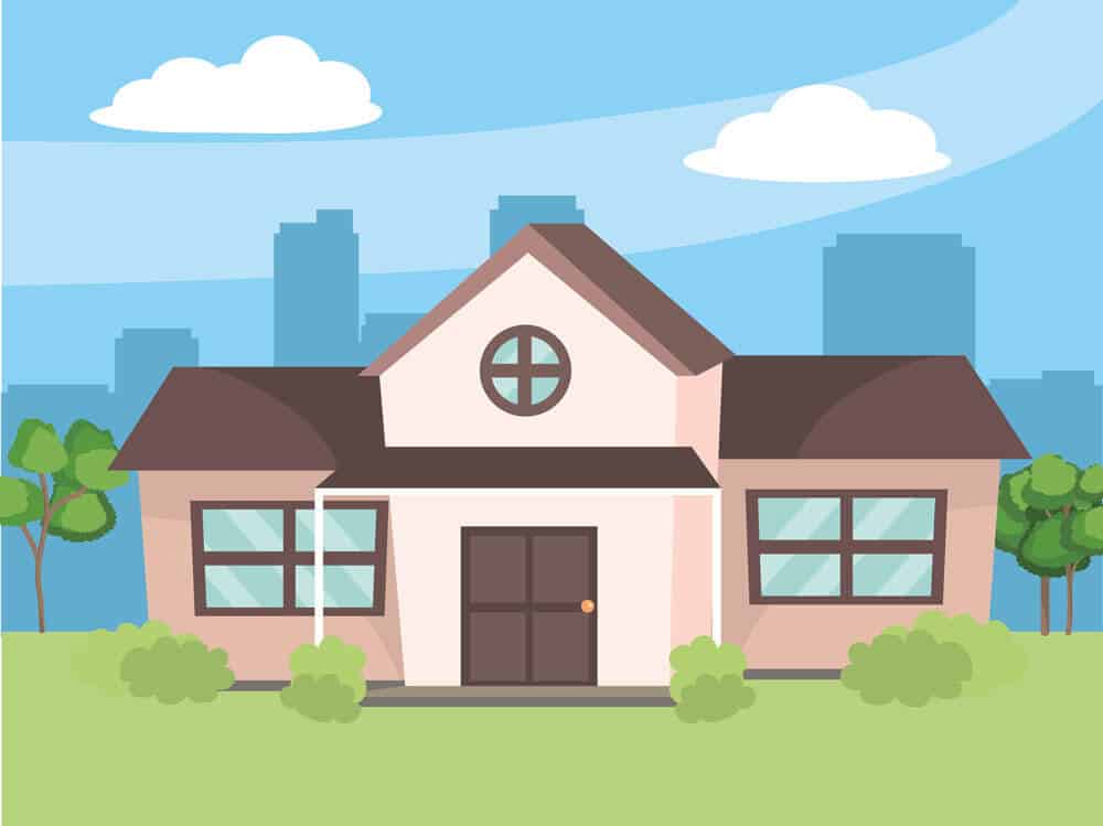 Frontansicht eines freistehenden Einfamilienhauses mit Satteldach rosa Fassade rundem Dachfenster und Vorgarten