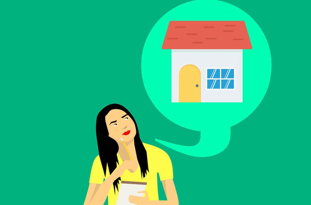 Illustration einer Frau mit Notizblock und Stift blickt auf Sprechblase mit stilisiertem Haus-Icon