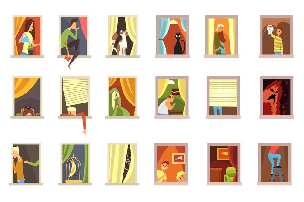 Иллюстрация фасада террасного дома с 16 разноцветными окнами и фигурками, а также животными на переднем плане