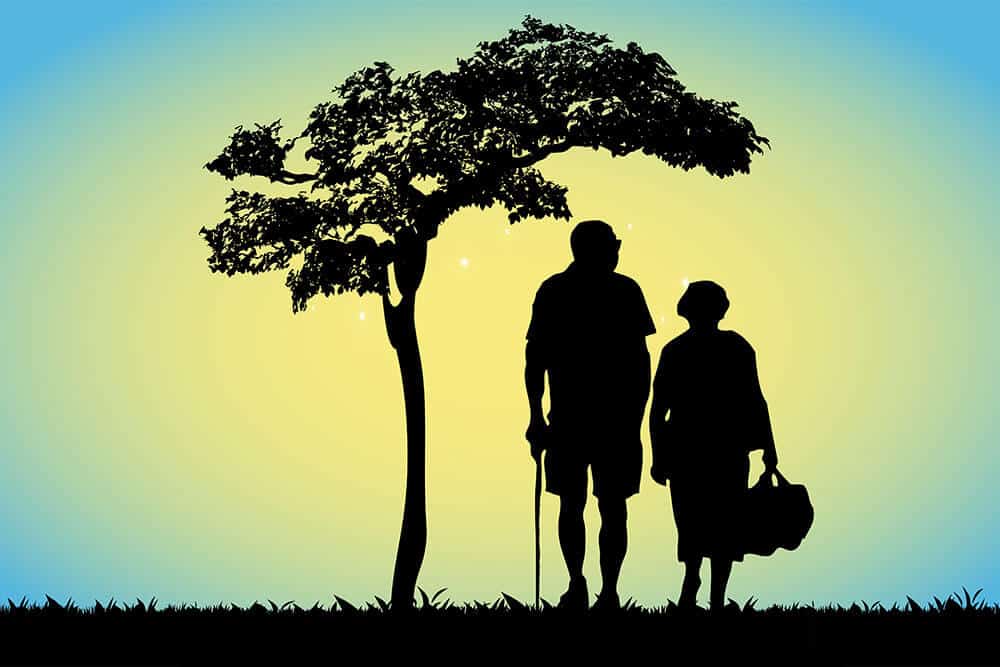 Grafik mit Silhouetten eines älteren Paars unter Baum vor gelb-blauem Farbverlauf