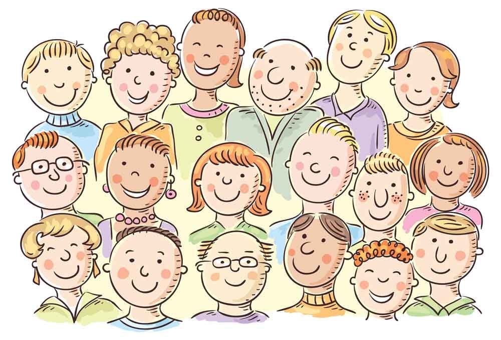 Handgezeichnete Cartoonillustration mehrerer lächelnder Köpfe ohne Hintergrund