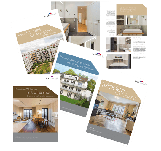 Fächer aus fünf Wohnungsbroschüren mit Flexmakler-Logo in unterschiedlichen Titeldesigns auf weißem Hintergrund