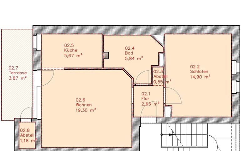 Grundriss einer 2-Zimmer-Wohnung mit Terrasse Küche Bad Schlafzimmer Wohnbereich und Abstellraum