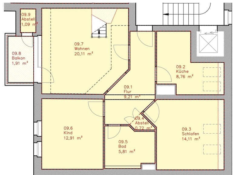Grundriss einer 3-Zimmer-Wohnung mit Balkon in Draufsicht inklusive Küche Bad Flur und Abstellraum