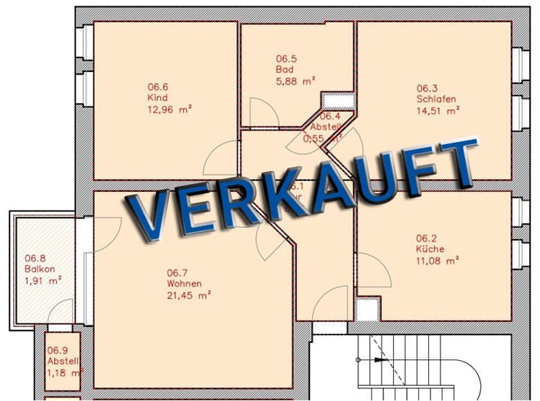 Grundriss einer Wohnung als Draufsicht mit Balkon Schlafzimmer Küche Bad Kinderzimmer und großem verkauft Schriftzug
