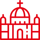 Rotes Piktogramm einer Kathedrale mit Kuppel, Kreuz und flankierenden Türmen