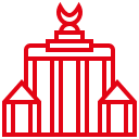 Flexmakler-Logo in roter Silhouette des Brandenburger Tors mit Quadriga und flankierenden Säulen