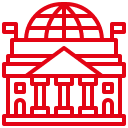 Rotes Logo eines stilisierten Gebäudes mit Kuppel und Säulenfront