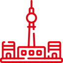 Logo für Flexmakler Berlinregion mit rotem Fernsehturm und Städtesilhouette