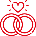Rotes Logo mit zwei verschlungenen Ringen und Herzsymbol