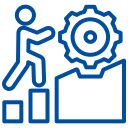 Icon eines stilisierten Menschen auf Treppenstufen neben Zahnrad als Symbol für Prozessoptimierung