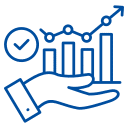 Flexmakler logo gestileerde hand houden oplopende staafdiagram met pijl omhoog en tick symbool