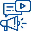 Blaues Icon mit Megafon, Sprechblase und Play-Symbol