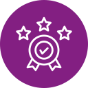 奖章标志，中间有一个"√"，紫色背景上有三颗星