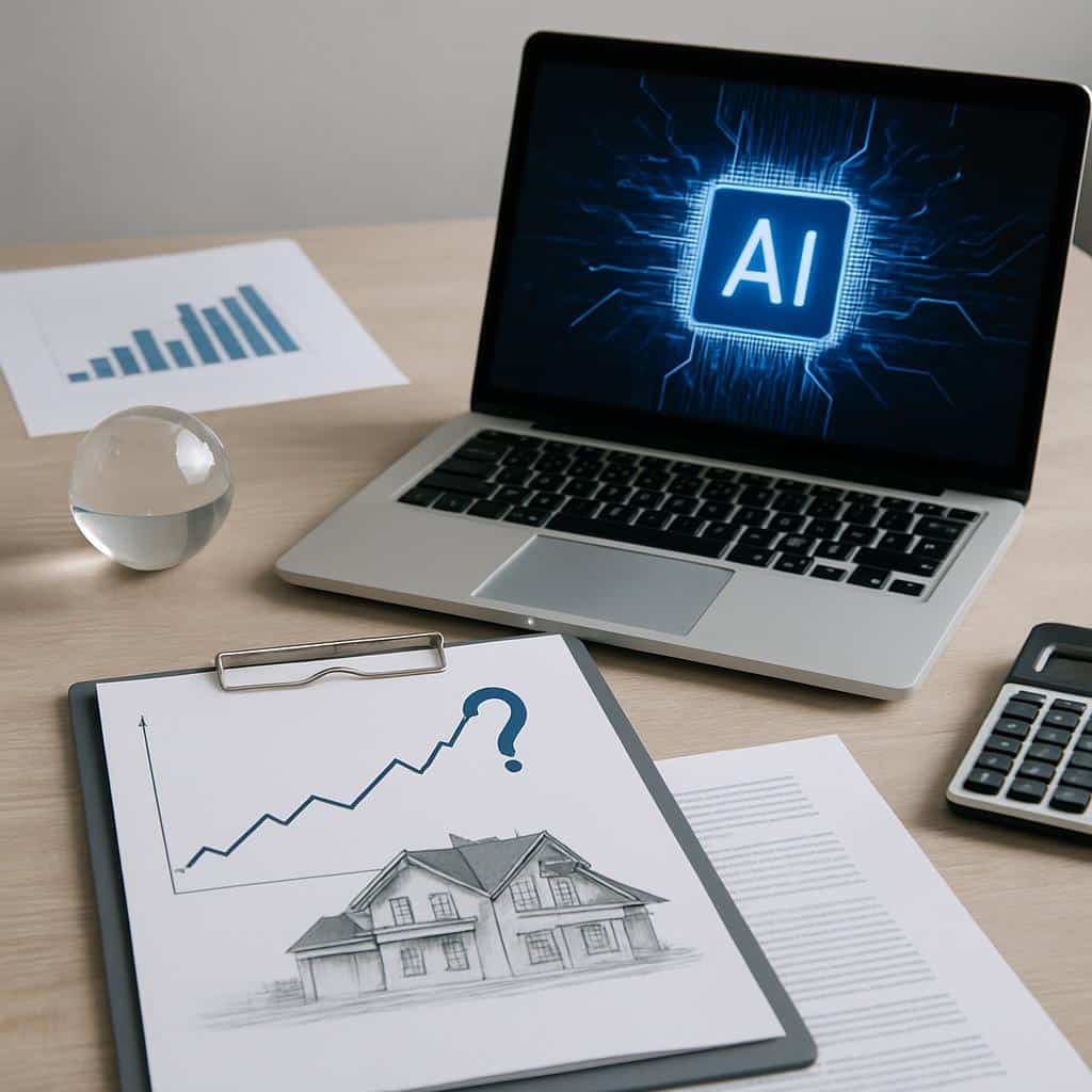 Laptop mit AI-Logo auf Bildschirm und Klemmbrett mit Haus-Skizze und Kursdiagramm auf Holztisch