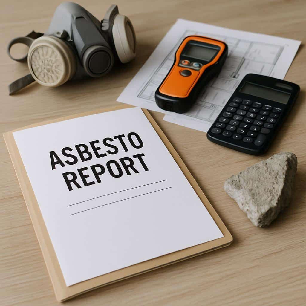 Rapport d'analyse d'amiante sur table avec plan de construction, masque de protection, appareil de mesure de chantier, calculatrice et échantillon de roche