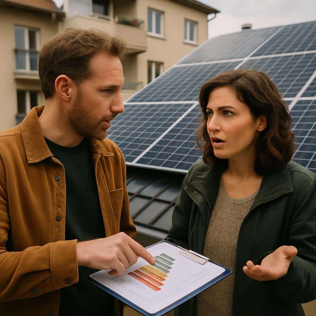 Detached house with photovoltaic roof from the front and energy efficiency evaluation in hand