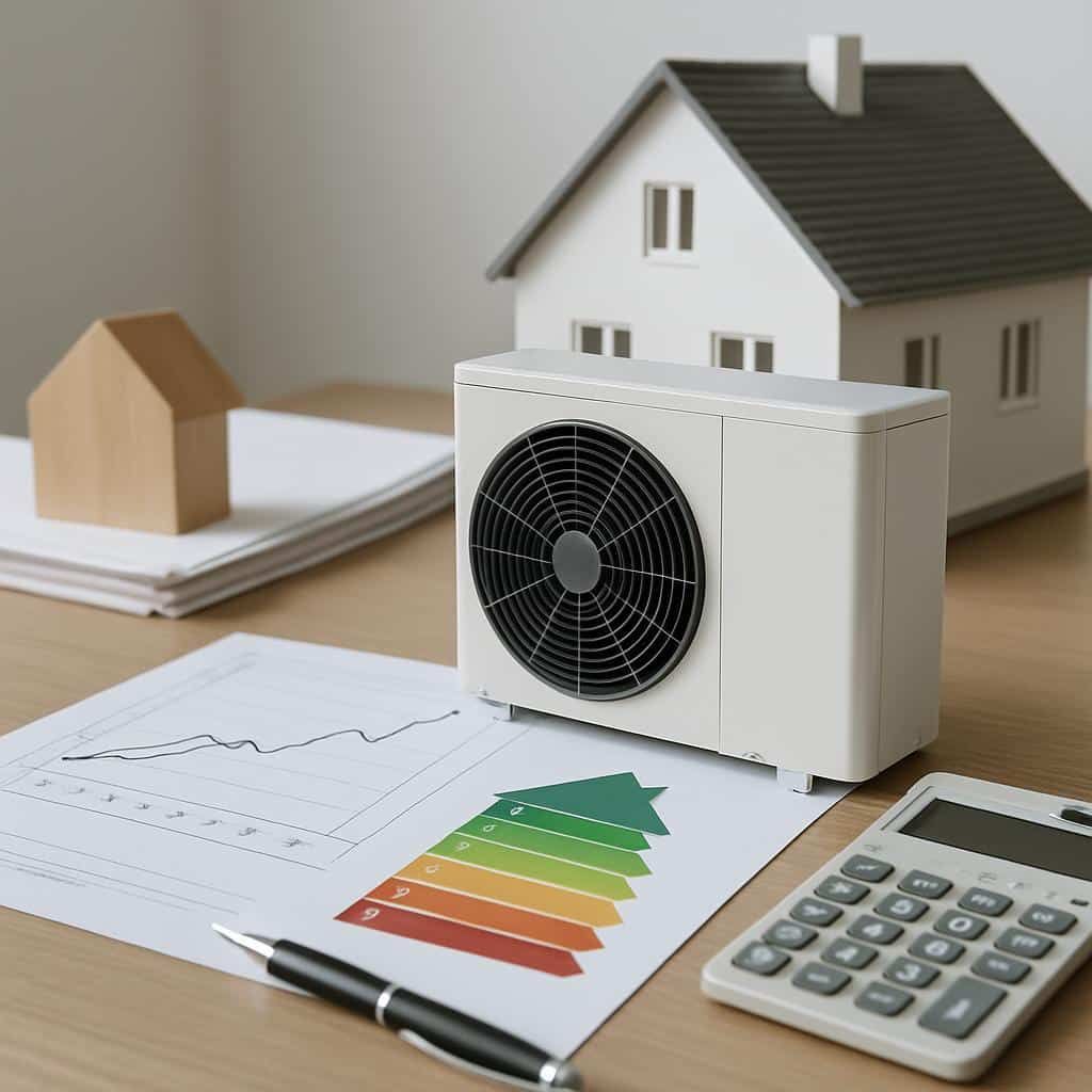 Zdjęcie stołowe z modelem pompy ciepła na wykresie efektywności energetycznej Kalkulator i ołówek