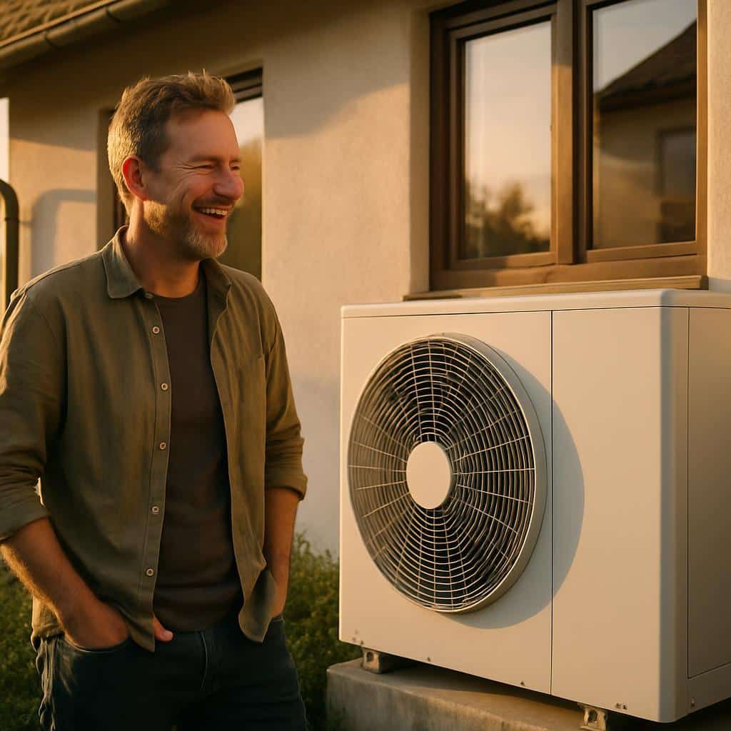 Jednostka zewnętrzna pompy ciepła na fasadzie nowoczesnego domu z oknem w świetle słonecznym