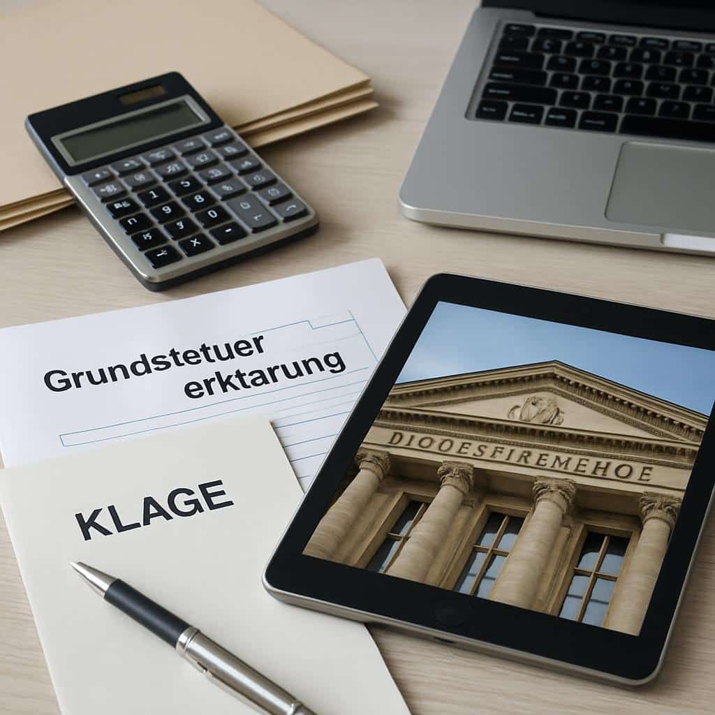 Draufsicht auf Arbeitsplatz mit Laptop Tablet Taschenrechner Stift und Dokumenten Grundsteuererklärung und Klage