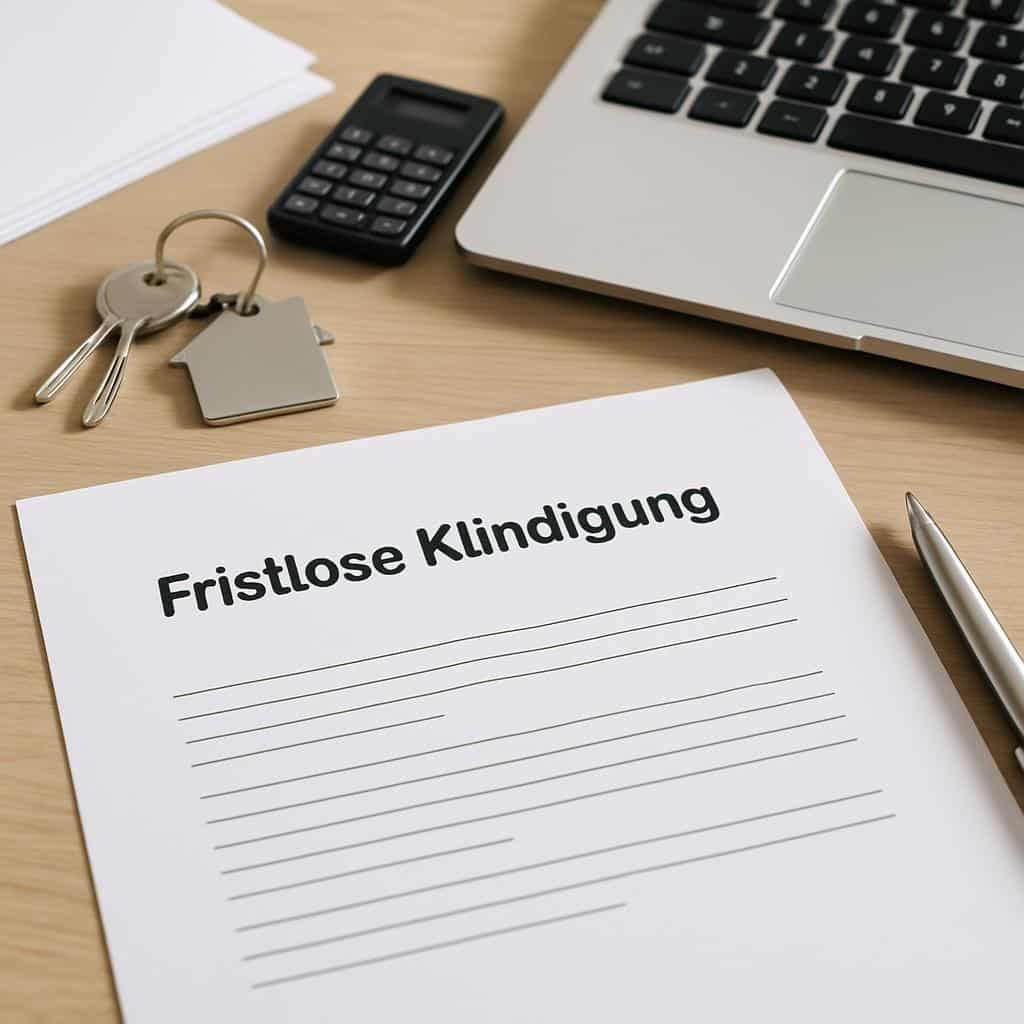 Schräg von oben Blick auf Fristlose Kündigung auf Schreibtisch neben Laptop Tastatur Taschenrechner Hausschlüssel und Stift