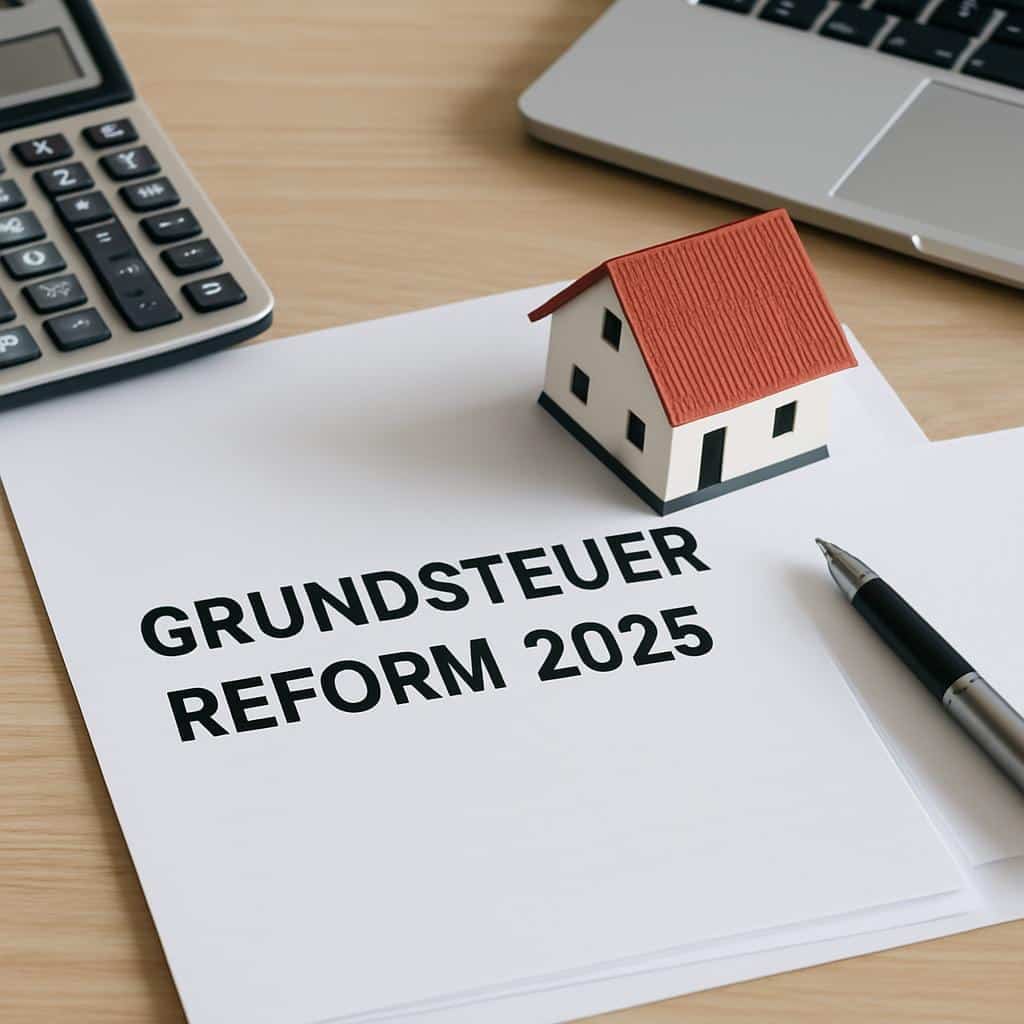Dokument mit Aufschrift Grundsteuer Reform 2025 auf Schreibtisch mit Miniaturhaus, Taschenrechner, Stift und Laptop