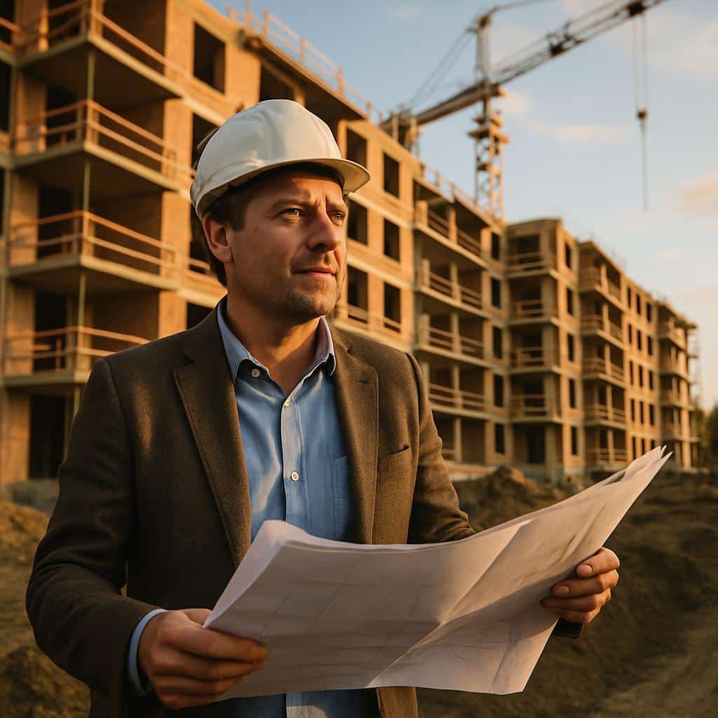 Concha de edifício residencial de vários andares com construção em betão armado e grua alta de estaleiro em perspetiva lateral frontal