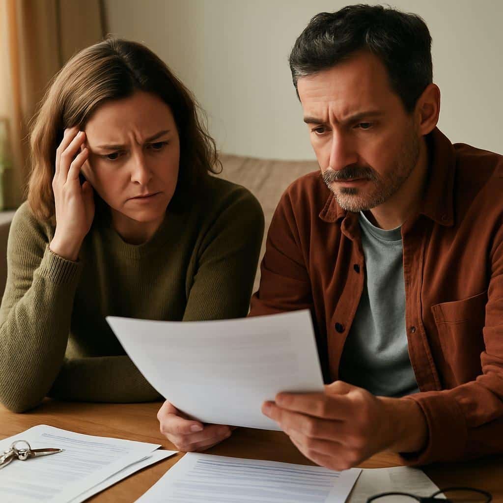 Foto eines Paares beim Durchsehen von Unterlagen an einem Holztisch