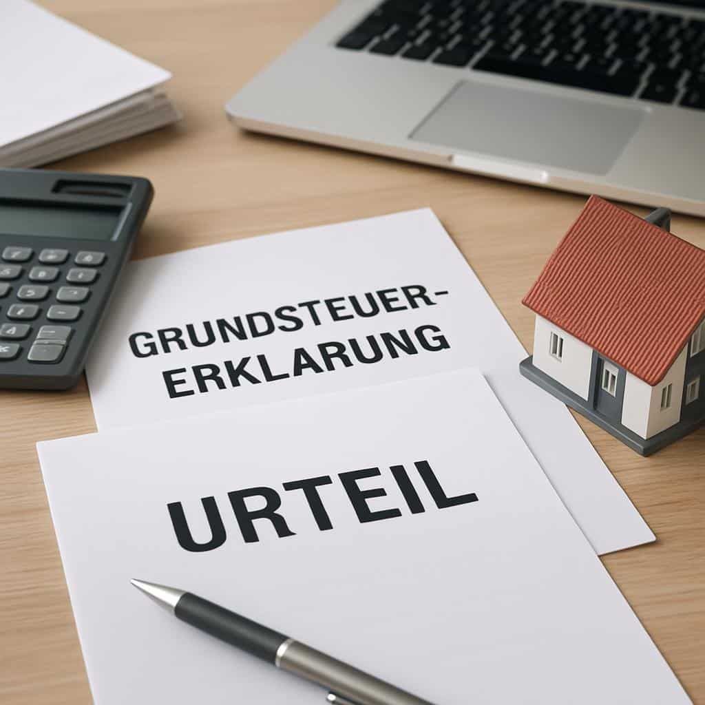 Perspective de bureau avec maison miniature, documents relatifs à la déclaration d'impôt foncier et jugement à côté de l'ordinateur portable, de la calculatrice et du stylo